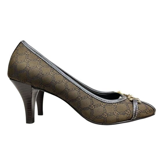 Etienne Aigner Womens‎ Pump Heel Cherie Peep Toe Horse Bit Brown Black Sz 7.5M - Picture 1 of 8